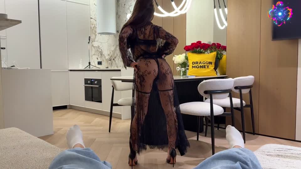 Dance in lace lingerie ends in facial climax